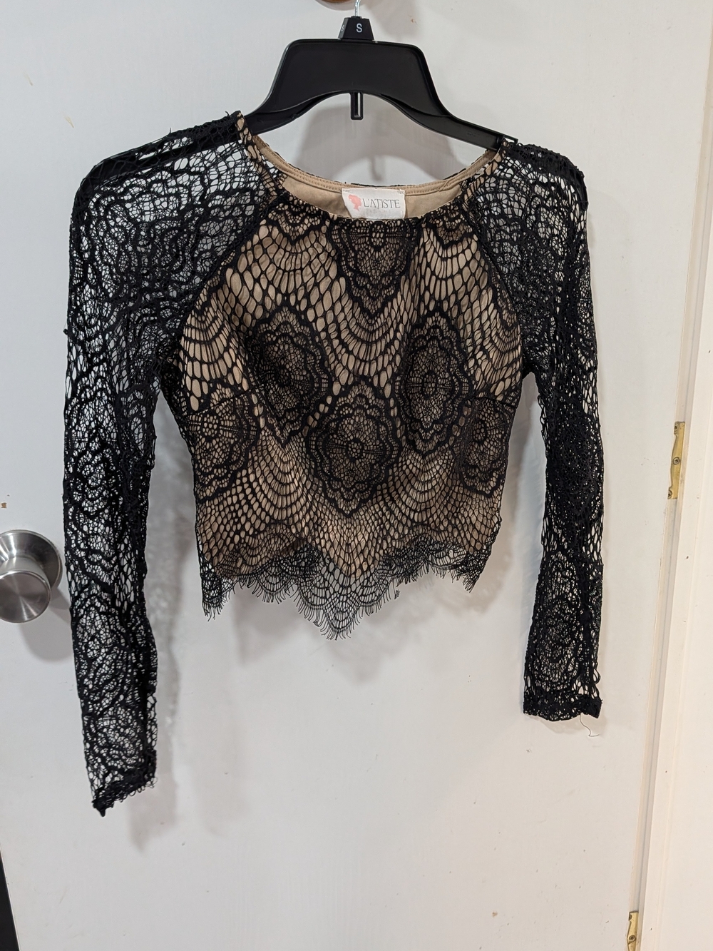 L'ATISTE Black Lace Overlay Long-Sleeve Top - Black over Nude
